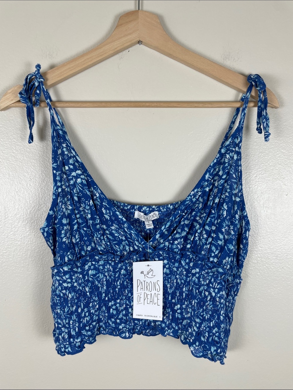 Patrons of Peace Royal Blue Floral Tie-Shoulder Smocked Crop Top. NEW Small